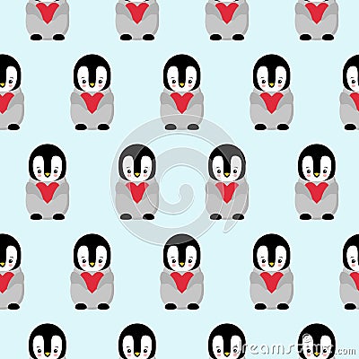 Seamless Pattern with Cartoon Penguin and Heart Design on Blue Background Stock Photo