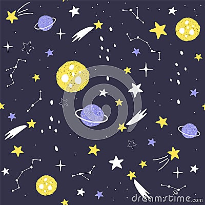 Seamless pattern with cartoon planets, stars and comets. Space Background for Kids. Vector Vector Illustration