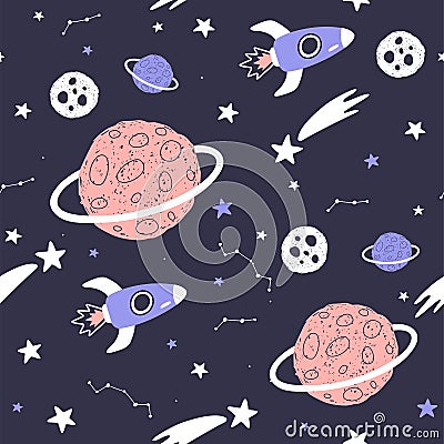 Seamless pattern with cartoon planets, stars and comets. Space Background for Kids. Vector Vector Illustration