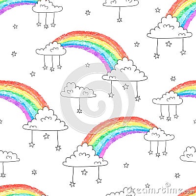 Seamless pattern with cartoon rainbows and clouds Vector Illustration