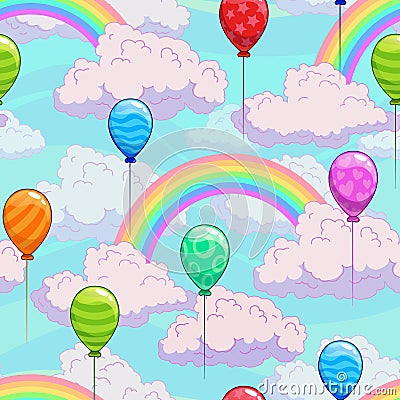 Seamless pattern with cartoon rainbows on the cloudy sky Vector Illustration