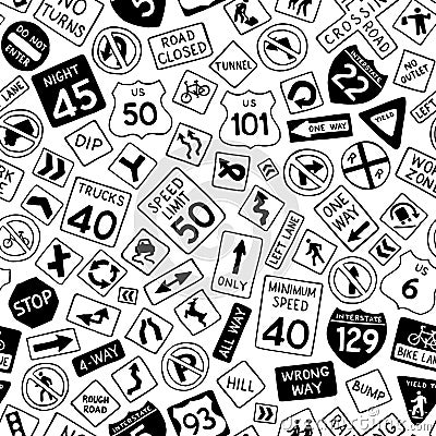 Seamless pattern of cartoon road signs in the United States. Vector Illustration