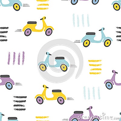 Seamless pattern with cartoon scooter. Vector Illustration