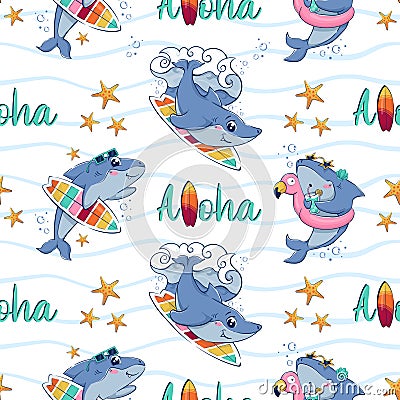 Seamless pattern with cartoon sharks with a cocktail, an inflatable ring and a surf floating among the sea waves with the Vector Illustration