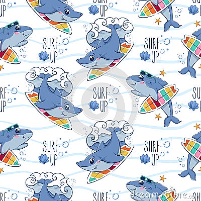 Seamless pattern with cartoon sharks on the surfers among the sea waves and the inscription surf up in a flat style Vector Illustration