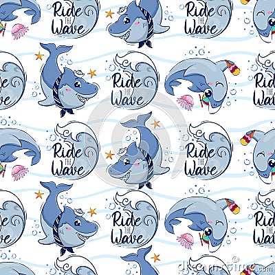Seamless pattern with cartoon sharks swimming among the sea waves and the inscription ride the wave in a flat style Vector Illustration