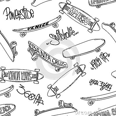 Seamless pattern with cartoon skateboarding and graffiti inscription trick, Skate background. Vector Illustration