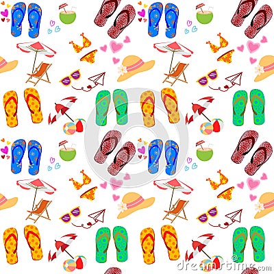 Seamless pattern with cartoon slippers, summer, leisure and travel Stock Photo