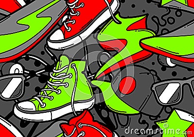 Seamless pattern with cartoon sneakers, skateboard and baseball cap. Vector Illustration