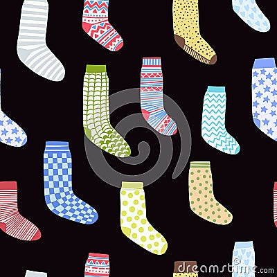 seamless pattern with cartoon socks on a black Stock Photo