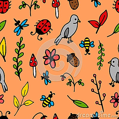 Seamless pattern in cartoon style. Bird, branches, berries, insects, leaves on an orange background. Nature, forest holidays, Vector Illustration