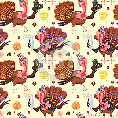 Seamless pattern cartoon thanksgiving turkey character in hat with harvest, leaves, acorns, corn, autumn holiday bird Vector Illustration