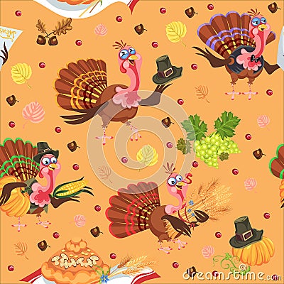 Seamless pattern cartoon thanksgiving turkey character in hat with harvest, leaves, acorns, corn, autumn holiday bird Vector Illustration