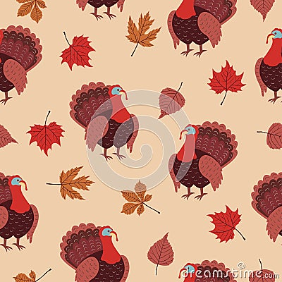 Seamless pattern with cartoon turkey bird and autumn leaves. Vector Illustration