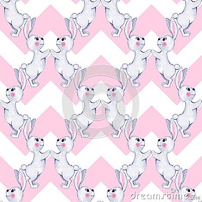 Seamless pattern with cartoon white rabbits Cartoon Illustration