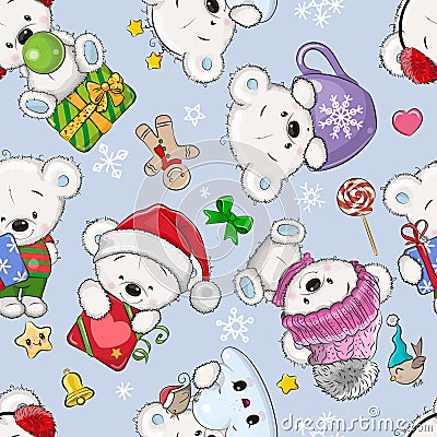 Seamless Pattern with cartoon White Teddy Bear Vector Illustration