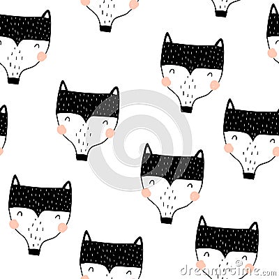 Seamless pattern with cartoon wolves. vector flat Scandinavian style. animal and nature theme. hand drawing. Vector Illustration