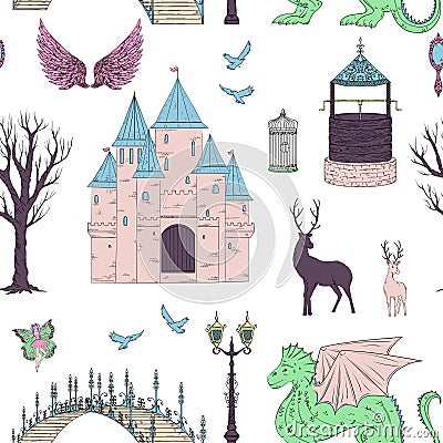 Seamless pattern with castle, dragon, fairy, deers, lantern, tree, birds and bridge. Fairy tale theme. Vector Illustration