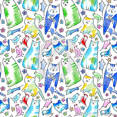 Seamless pattern of a cat, bird, mouse, flower and paw. Cartoon Illustration