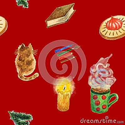 A seamless pattern: a cat, a candle, a book, pencils, a hot drink, a cookie and a fir tree branch on red backdrop Stock Photo