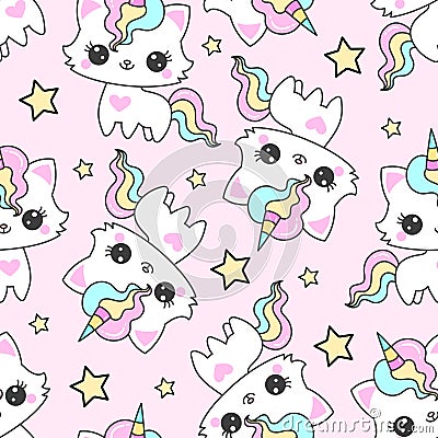 Seamless pattern with cat unicorn and stars on a pink background. Vector Vector Illustration