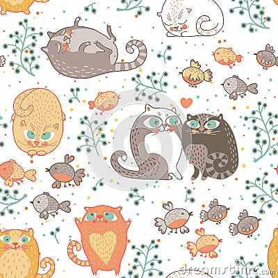 Seamless pattern with cats and birds Vector Illustration