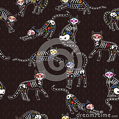 Seamless pattern of cats of the day of the dead. Vector graphics Stock Photo