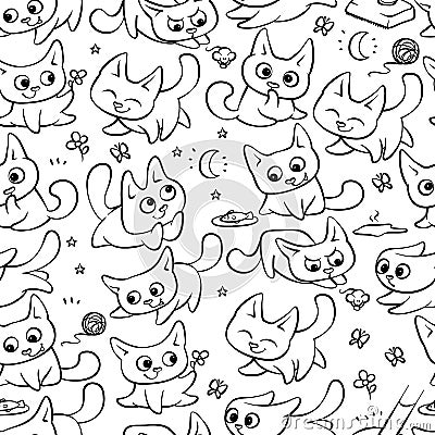 Seamless pattern cats different emotions and situations. Vector humor black white outline cartoon background. Kitty play Vector Illustration