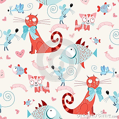 Seamless Pattern Of The Cats And Fish With Mice Royalty Free Stock ...