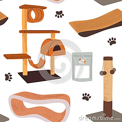Seamless pattern with cats food, goods, houses and supplies. Stock Photo