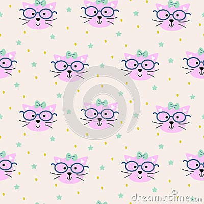 Seamless pattern with cats heads fashion background. Vector Illustration