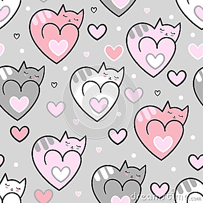 Seamless pattern. Cats hearts on a grey background. Vector Vector Illustration