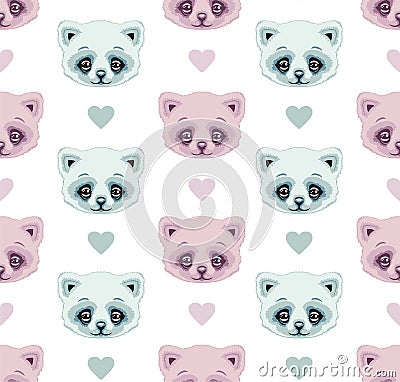 Seamless pattern cats and hearts, pink and mint pastel color. Vector Illustration