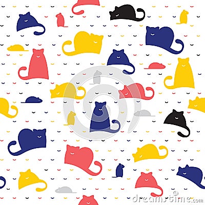 Seamless pattern of cats and mice on a white background Vector Illustration