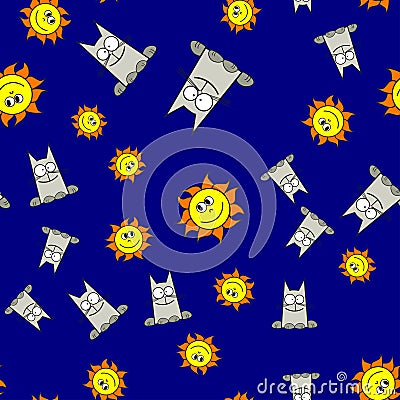 Seamless pattern of cats and suns in cartoon style Vector Illustration