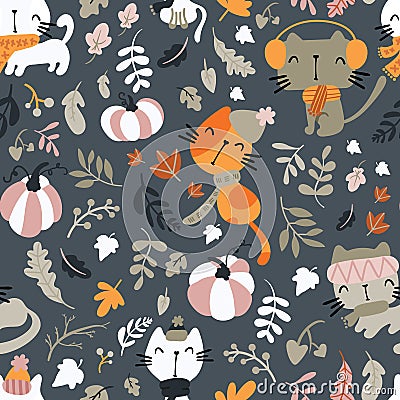Seamless pattern of cats wearing scarf, playing on pumpkin patch.Cute illustration for children`s print Cartoon Illustration