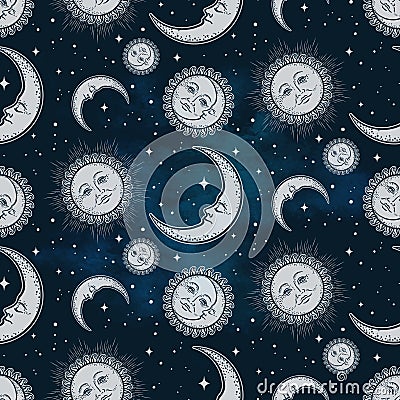 Seamless pattern with celestial bodies - moon, sun and stars over blue night sky background. Boho chic fabric print, wrapping pape Vector Illustration