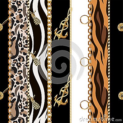 Seamless pattern with chains, anchor, coins on leopard and zebra background.Vector. Vector Illustration