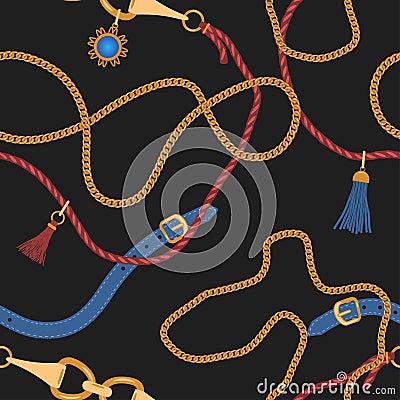 Seamless pattern with chains straps and belts. Pendants background for for fabric design. Vector. Vector Illustration