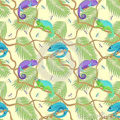 Seamless pattern of chameleons of different types and various varieties of coloring sitting on lianas, vector Vector Illustration