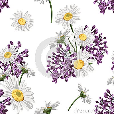 Seamless pattern with chamomile camomile, leaves, and lilac flowers. Stock Photo