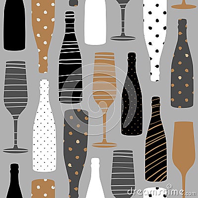 Seamless pattern with champagne bottles. Hand drawn fabric, gift wrap, wall art design. Vector Illustration