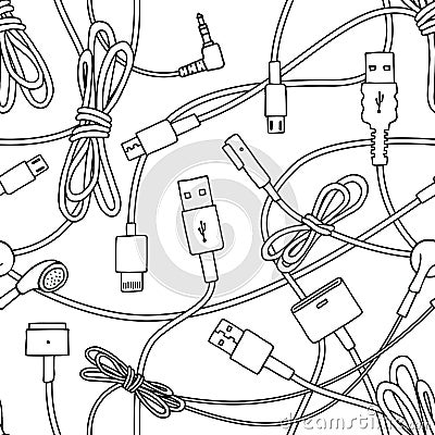 Seamless pattern of chargers & USB cables Vector Illustration