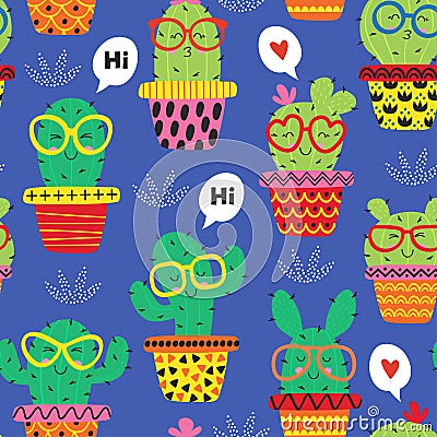 Seamless pattern with cheerful cactus in glasses Vector Illustration