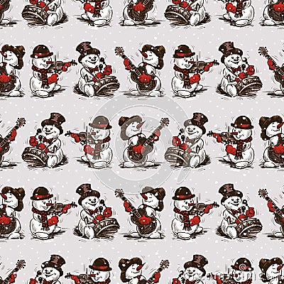 Seamless pattern of cheerful christmas snowmen musicians Vector Illustration