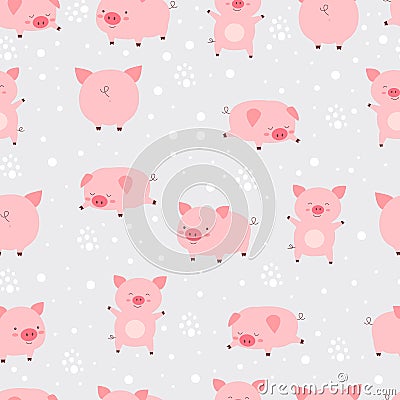 Seamless pattern cheerful cute little cute pigs in snow. Cartoon Vector Illustration