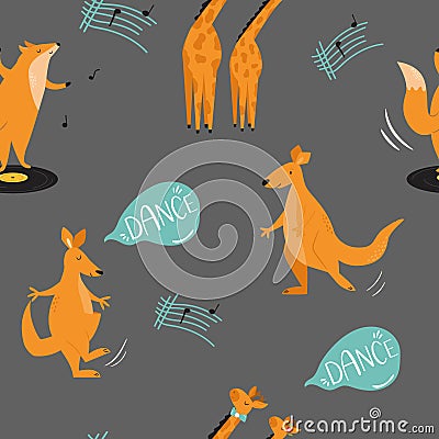 Seamless pattern with cheerful dancing animals kangaroo, fox, giraffe Vector Illustration