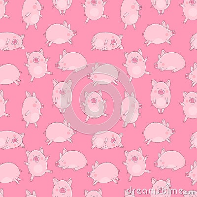 Seamless pattern of cheerful pigs on an isolated pink background. Vector illustration of piglets for New Year, prints, wrapping pa Cartoon Illustration