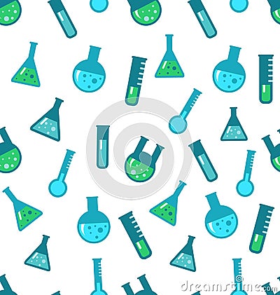 Seamless Pattern of Chemical Tubes and Flasks Vector Illustration