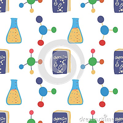 Seamless pattern with chemistry triangle flask, molecule structure and book Vector Illustration